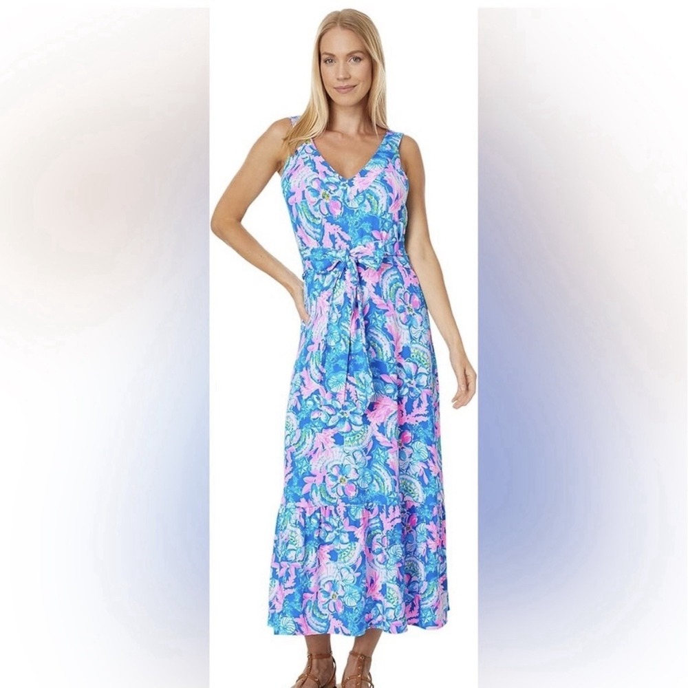 New Lilly Pulitzer Madsen V-Neck Midi Dress in Blue Tang Sitting Seaside XL